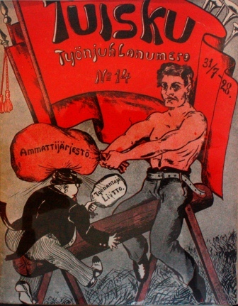 Proletären drämmer arbetarorganisationen i skallen på kapitalisten. Tuisku, nr 14 (juli 1928).