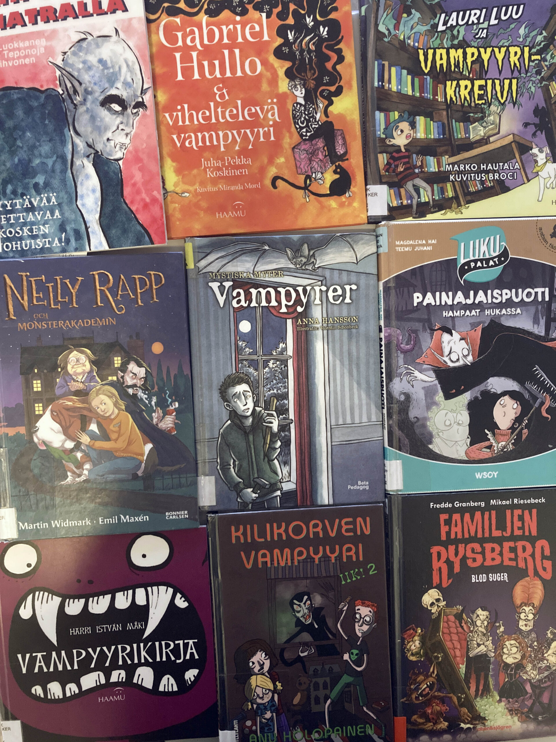 Bild på nio pärmar från barn- och ungdomsböcker om vampyrer på finska och svenska