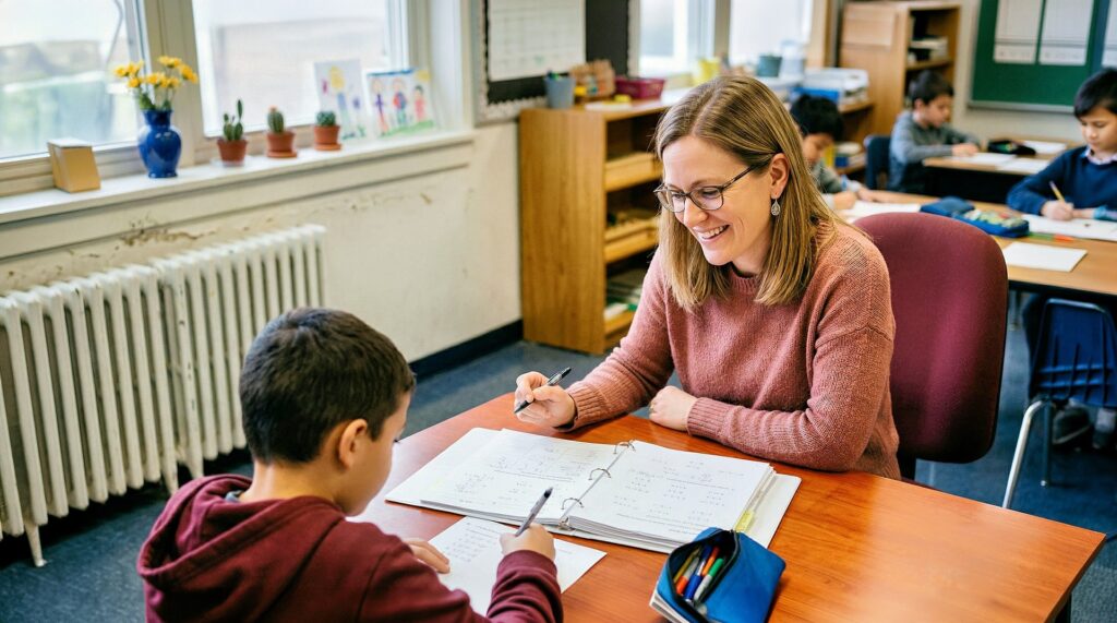 Lärare och elev sitter framför en bok med pennor i handen